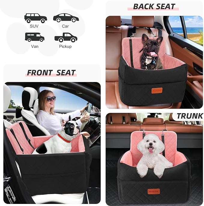 HEGGCOOE Dog Car Seat for Small Medium Dogs, Memory Foam Puppy Dog Booster Seat with Thick Cushion for Dogs Under 35lbs, Detachable Washable Pet Car Seat Travel Bed with Storage Pockets,2 Safety Belts