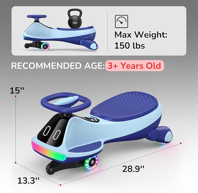 12V Electric Wiggle Car for Kids with Pedal, Display, Rechargeable Battery, LED Light, Bluetooth, Light-Up Wheels, Anti-Rollover, 2 Speeds, Ride on Toys, Birthday Gifts for Age 3+, 150Lbs