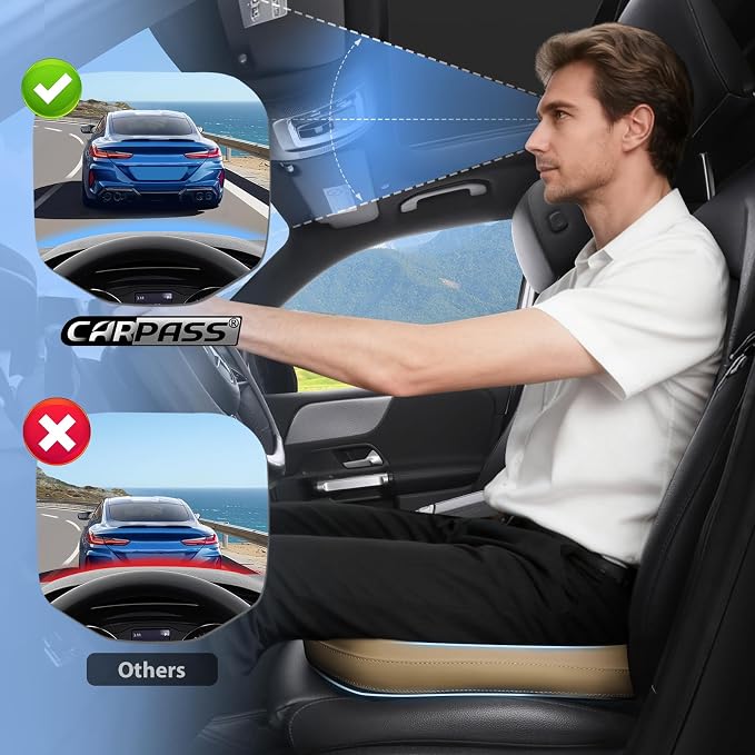 Premium Leather Car Seat Cushion, Comfort Memory Foam Driver Seat Cushion for Long Driving, Waterproof Non-Slip Seat Cushions for Cars, Truck, SUV, Office Chairs, Stadium, Beige