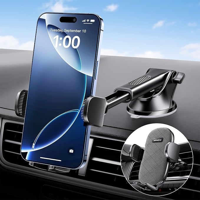 Car Phone Holder Mount, Strong Suction Dashboard & Windshield Phone Holder for Car, Hands-Free, Compatible with iPhone Samsung All Phones, Ideal for Delivery & Uber Drivers, Fleet Vehicles