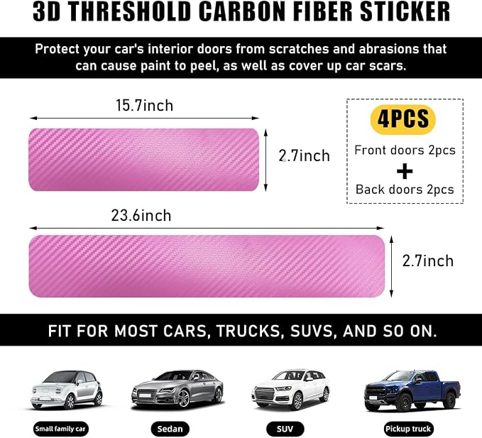 4 PCS Car Door Sill Protectors, Anti Scratch Carbon Fiber Auto Threshold Cover Strips, Decorative Door Entry Edge Scuff Sticker Universal for Most Vehicles, Car Accessories (Pink 3D)