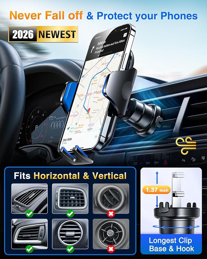 Phone Holders for Your Car Ultimate Military-Grade Car Phone Holder Mount【Patent & Safety Certs】 Upgraded Shockproof Truck Air Vent Phone Mount for iPhone 17 Pro Max 16 Samsung Android,Blue