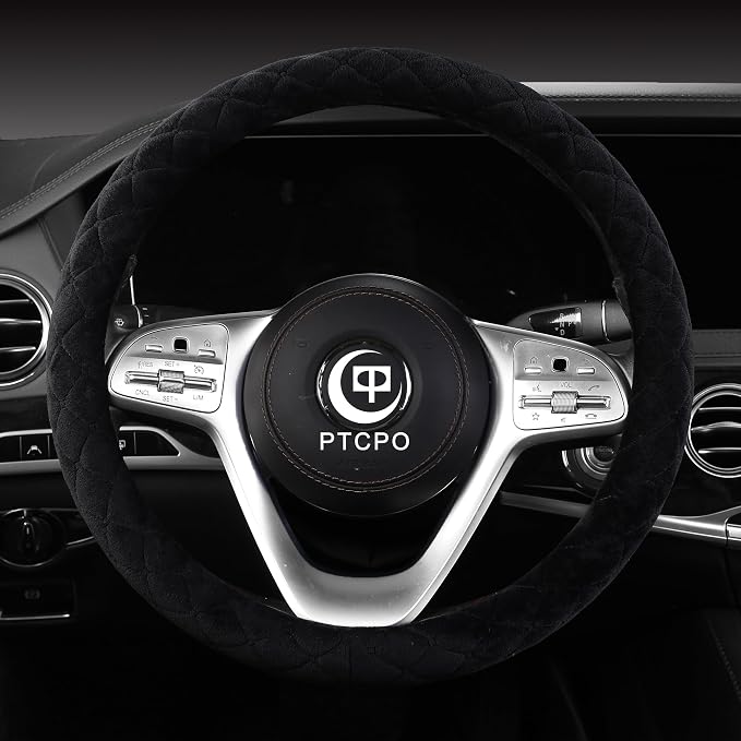 Soft Car Steering Wheel Cover for Sedan, SUV, Warm Luxury Velvet, Odorless, Universal, Anti Slip, Summer Winter, Black, Large Size[15" 1/2-16"](39-41cm)