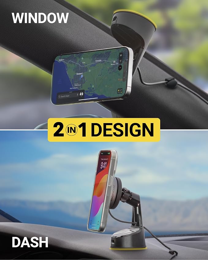 Qi2 MagSafe Car Mount, 15W Wireless Charging Suction Cup Phone Mount, Magnetic Windshield/Dashboard Cell Phone Holder with Fast USB-C Car Charger Compatible with iPhone 16/15/14/13/12, S25