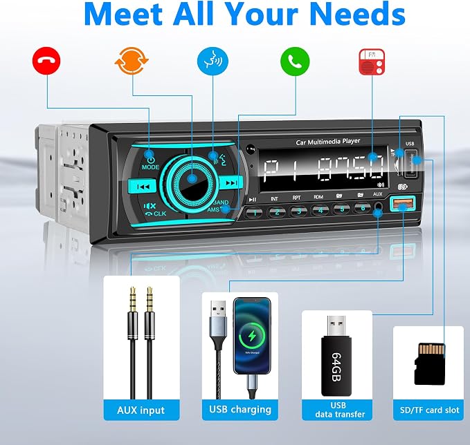 Single Din Radio Car Stereo Bluetooth,Radio Head Unit with FM/Dual USB/AUX/TF/EQ/MP3/RCA,12V Bluetooth Car Stereo Support Hands Free Calling,Clock Display,iOS & Android App Control,No CD(Black)