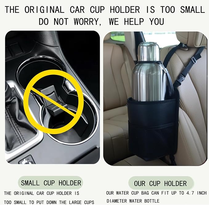 Large Car Cup Holder Expander, Fits Large 24/36/40/46oz Water Bottles, Big Drinks Holder Bag- Universal Auto Vehicle for Cars, SUV & Truck RV's golf-carts (Brown)