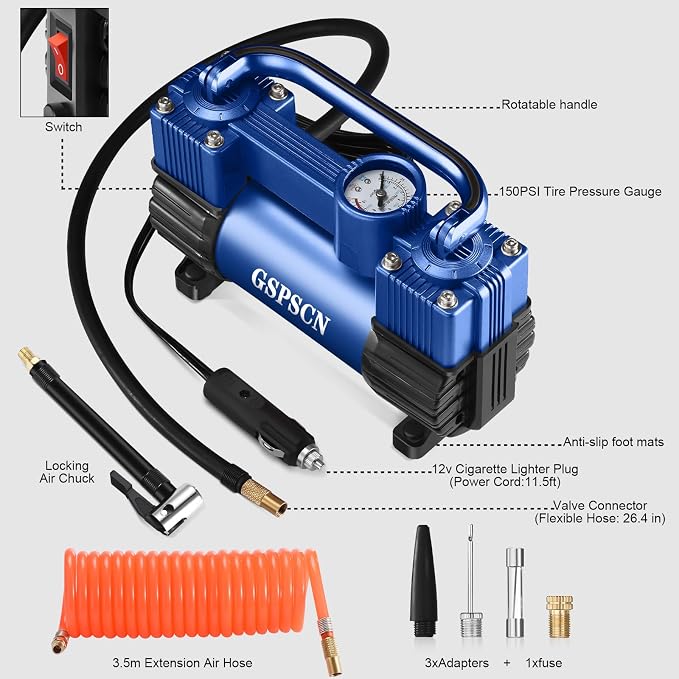 12V Heavy Duty Tire Inflator Metal Portable Air Compressor Pump | 6X Faster Inflation Double Cylinders 150PSI Air Pump with Adapter for Car, RV,Pickup Truck, SUV, Van,Camper, Air Bed,Ball