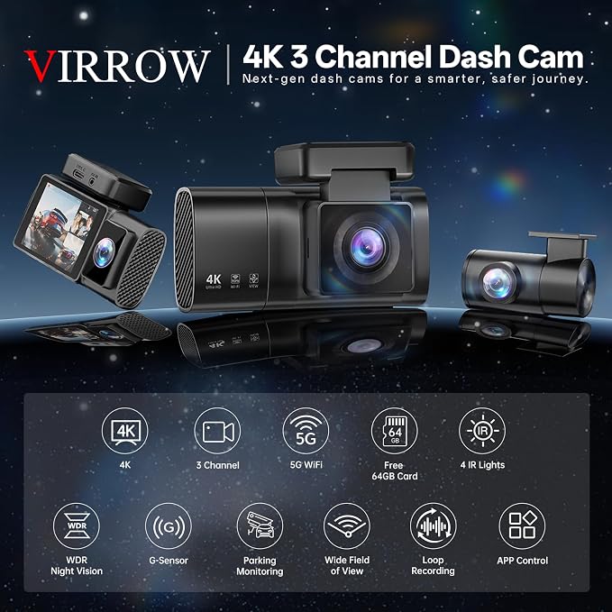 3 Channel Dash Cam: 4K+1080P+1080P-Dash Cam Front and Rear Inside with Free 64GB Card & 5GHz WiFi - Dash Camera for Cars with IR Night Vision APP Control Parking Mode G-Sensor Loop Recording(X7)