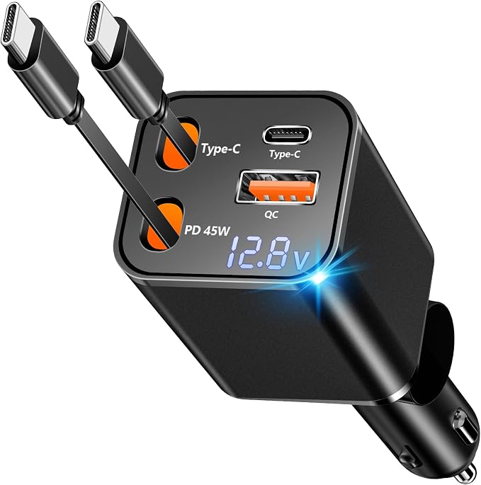 [Apple MFi Certified] Retractable Car Charger USB C, Caiinei 120W USB C Car Charger 4 in 1 PD/QC Type C Fast Charging Cigarette Lighter Adapter for iPhone 17/17 Pro Max/16 Pro/15/Galaxy S26/S25/Pixel