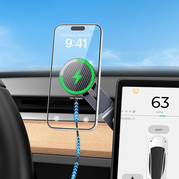 Tesla Phone Mount Charger: 15W Fast Charging Car Mount for Tesla Model 3/Y【Strongest Magnet & 100% Hidden】360° Adjustable Car Phone Holder for Magsafe iPhone & Android, Tesla Accessories, Carbon Fiber