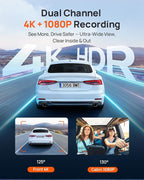4K Dash Cam Front and Interior, 4K HDR Dash Camera with F1.55 Aperture, Wi-Fi 6, 24H Parking Surveillance, GPS, Loop Recording, 64GB Card Included, UHD Dashcam for Cars/Taxi/Uber/Lyft