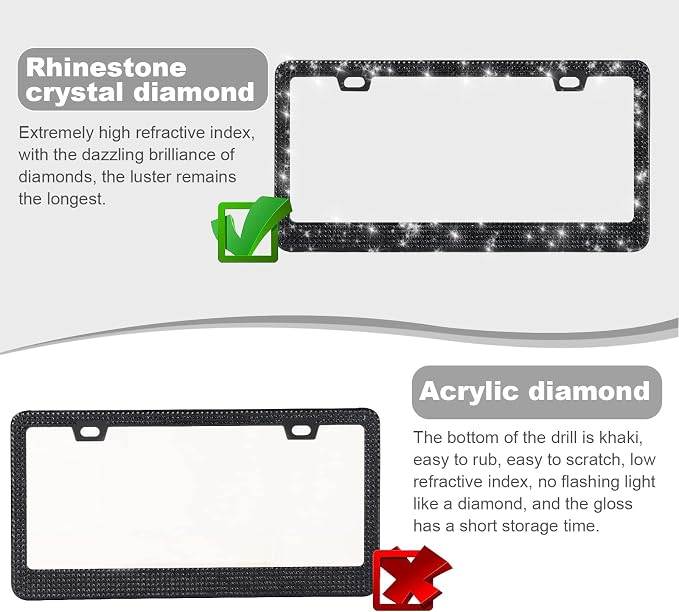Bling License Plate Frames for Women, Sparkly Rhinestone Diamond Car Accessories with Glitter Crystal Caps (1 Pack Black)