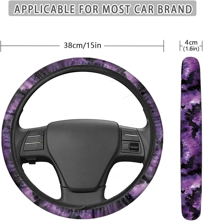 Car Steering Wheel Cover Soft Stretch Auto Steering Wrap Protector for Women Men, Universal Halloween Auto Accessories Fit Most Vehicles, Bat Purple Tie-dye