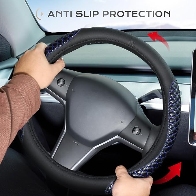 Coverado Car Steering Wheel Cover, Nappa Leather Black & Blueline Steering Wheel Covers, Universal 14-15 inch, Anti-Slip, Breathable Steering Wheel Protector for Women Men