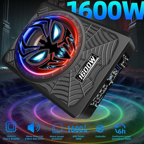 1600W Slim Underseat subwoofers 10" Powered Sub with Amp Package | RGB Ambient Lights, Individual Controls (LPF/Gain/Bass Boost), Distortion-Free Deep Bass, Universal Fit for All Vehicle Models