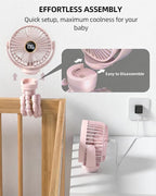 Portable Stroller Mini Fan, Small Rechargeable Personal Cooler w/ 360° Rotation, 3-Speed, Display, Battery Powered Stroller Accessories, Baby Essentials for Car Seat, Crib, Bike, Treadmill, Sakura