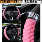 15 Inch Bling Soft Leather Car Steering Wheel Cover, Pink | Colorful Rhinestones Design, Auto Elastic Protector for Women Girls, Crystal Diamond Car Accessories for Most Cars, SUVs