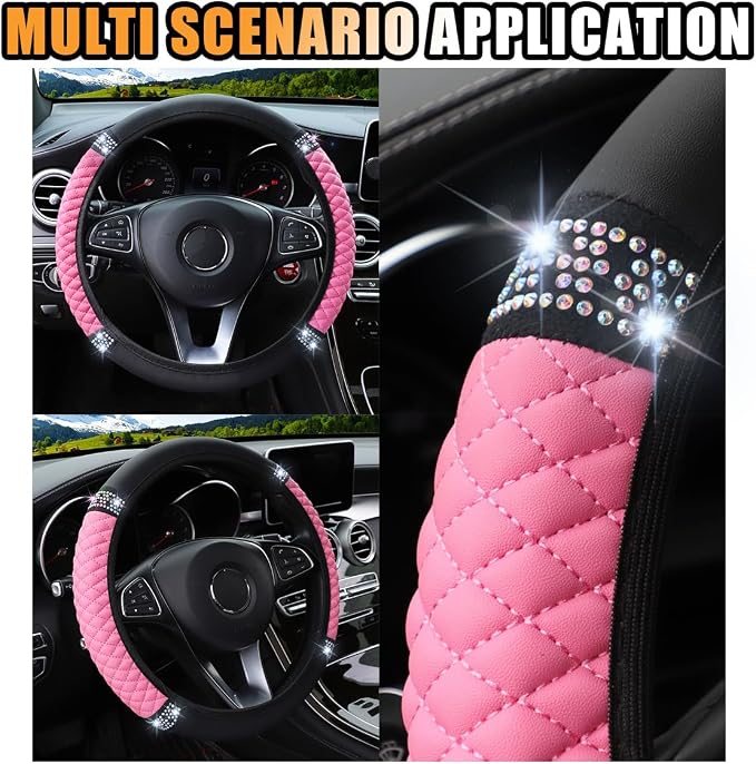 15 Inch Bling Soft Leather Car Steering Wheel Cover, Pink | Colorful Rhinestones Design, Auto Elastic Protector for Women Girls, Crystal Diamond Car Accessories for Most Cars, SUVs