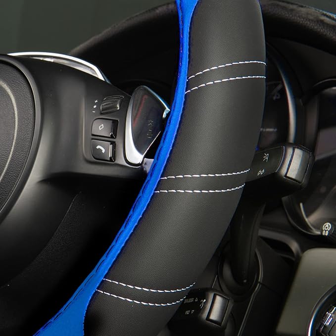 Line Rider Microfiber 14 Inch Leather Sporty Steering Wheel Cover Universal Fits for Truck,SUV,Cars, Anti-Slip Safety Comfortable Desgin (Black-Blue)