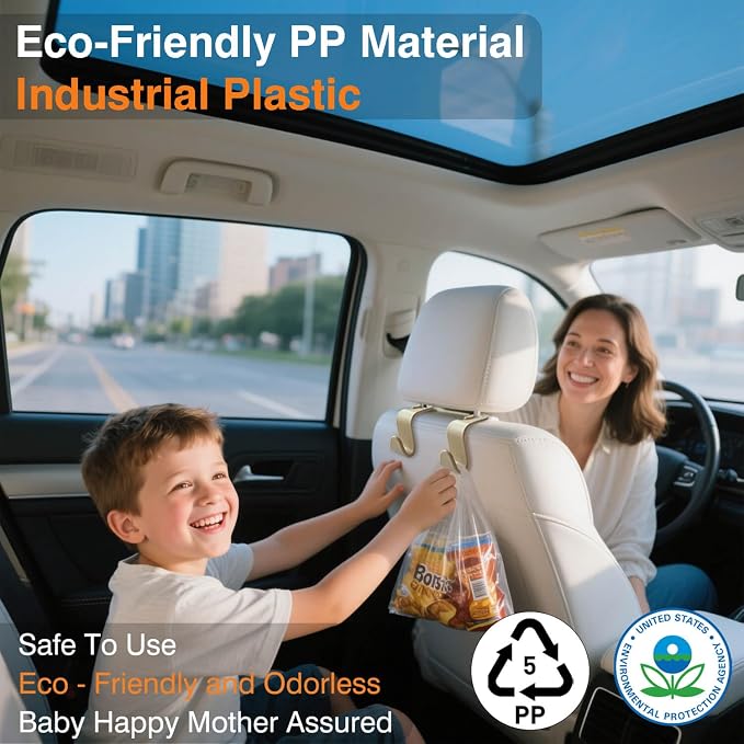 Car Seat Hooks & Purse Holder - 4 Pack Boxed,55 lb Heavy Duty,Eco PP Car Hooks for Purse/Bag/Baby Gear/Gym Bag/Groceries/Cup/,Fits 0.32-0.55”Car Headrest Rods (Beige)