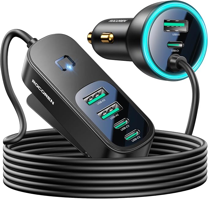 105W 6-Port Multiport Car Charger, PD Fast USB C Car Charger for Multiple Devices,Cigarette Lighter Adapter Car Travel Essentials for Road Trips with 5FT Cable,Car Accessories for iPhone 17/16