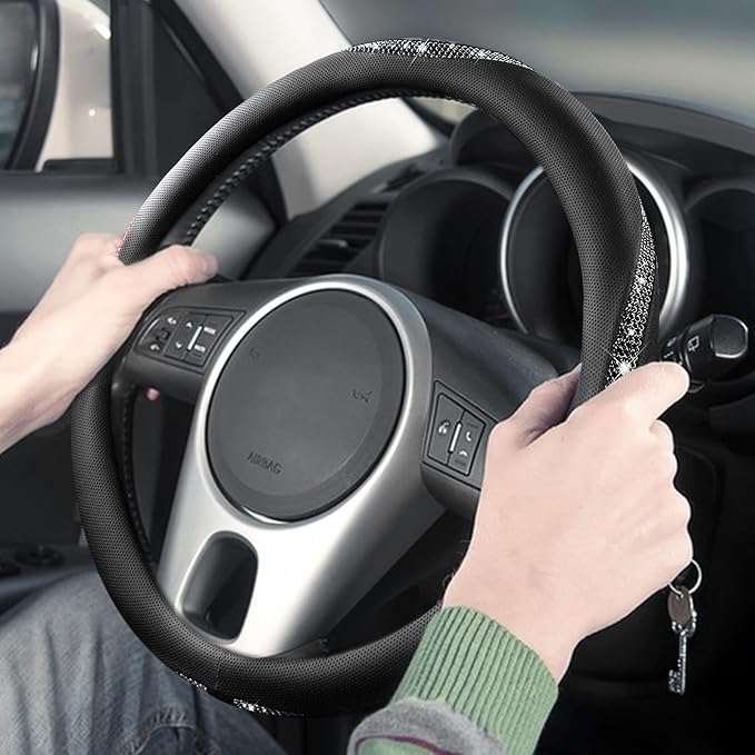Sparkly Diamond Steering Wheel Cover, Bling Rhinestone Breathable Leather Car Protector, Universal 15 Inch Fit for Women Girls, Anti-Slip Comfortable, Black