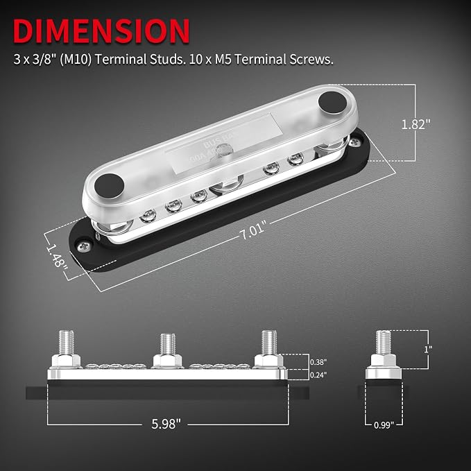 300A Copper Bus Bar 12V, Power Distribution Block with Cover 3 x 3/8” M10 Studs & 10 x M5 Terminal Screws for Car Marine Solar Battery Negative & Positive