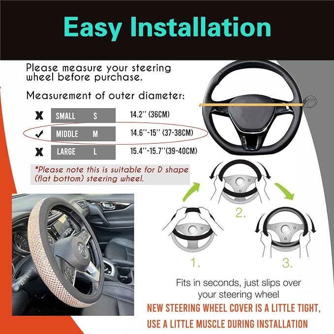 D Shaped Bling Comfy Steering Wheel Cover with Jumbo Crystal Rhinestones, Anti-Slip Diamond Leather, Flat Bottom 14.5-15 Inch (Gold)