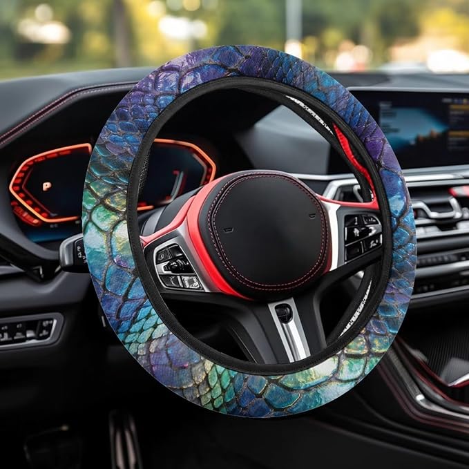 Auto Steering Wheel Covers Comfort Anti-Slip Safety Stretch-on 14-15 inch, Colorful Snake Skin Easy Fix Machine Washable Steering Wheel Protection