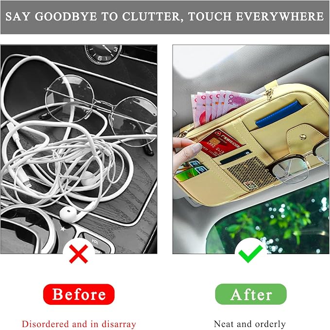 Car Sun Visor Organizer, Leather Multi-Pocket Visor Organizer Pouch with Double Zippers Net, Sunglass Holder Storage Pocket for License Pen Key Card Registration Document (Gray)