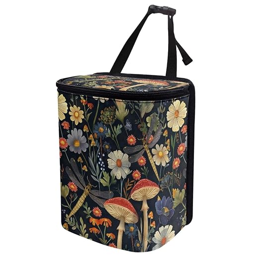 Mushroom Dragonfly Daisy Print Car Trash Can with Lid, Leak Proof Auto Trash Bag Hanging Vehicle Garbage Can Multipurpose Storage Container for Back Seat Road Trip