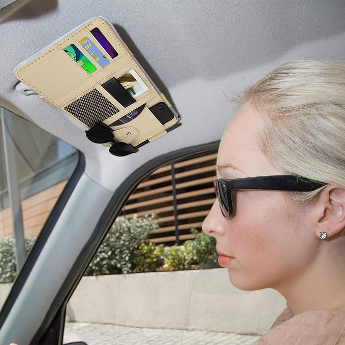 Car Sun Visor Organizer, Leather Pocket Organizer Sunglass Holder for Car Interior Accessories with Multi-Pocket Net Zipper, Beige