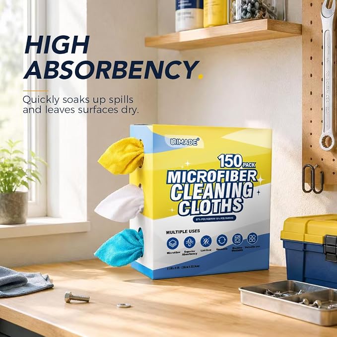 Microfiber Cleaning Cloth, 150 Pack Reusable Paper Towels Microfiber Towels for Cars Lint Free Shop Rags with Box for Home Kitchen Automotive, 11"x 9", Blue & Yellow & White