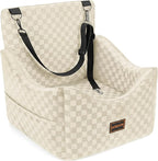 Elevated Dog Car Seat for Small/Medium Dogs up to 35 lbs, Memory Foam Booster Seat with Detachable Washable Cover, Travel-Safe Car Bed with Safety Belts & Storage Pockets, Beige