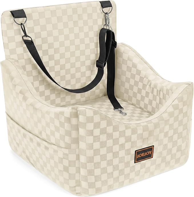 Elevated Dog Car Seat for Small/Medium Dogs up to 35 lbs, Memory Foam Booster Seat with Detachable Washable Cover, Travel-Safe Car Bed with Safety Belts & Storage Pockets, Beige