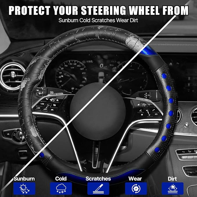 Hiseanllo Car Steering Wheel Cover, 14.5-15 Inch Universal Fit, Sporty Anti-Slip Leather Steering Wheel Protector with Glossy Color Accent, Comfortable Grip for Cars, SUVs, Trucks(Blue)