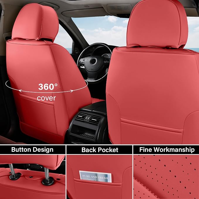 Coverado Full Set Car Seat Covers, Nappa Leather Seat Covers, Waterproof Car Seat Protector with Lumbar Support, Automotive Seat Covers Universal Fit for Most Cars SUV Trucks (FullSet, Red-Blackline)