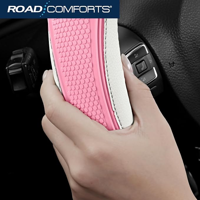 Car Steering Wheel Cover - Microfiber Leather Steering Wheel Wrap Sports 14.5-15 Inch Steering Wheel Cover Non-Slip for Men Women Pink & White Color