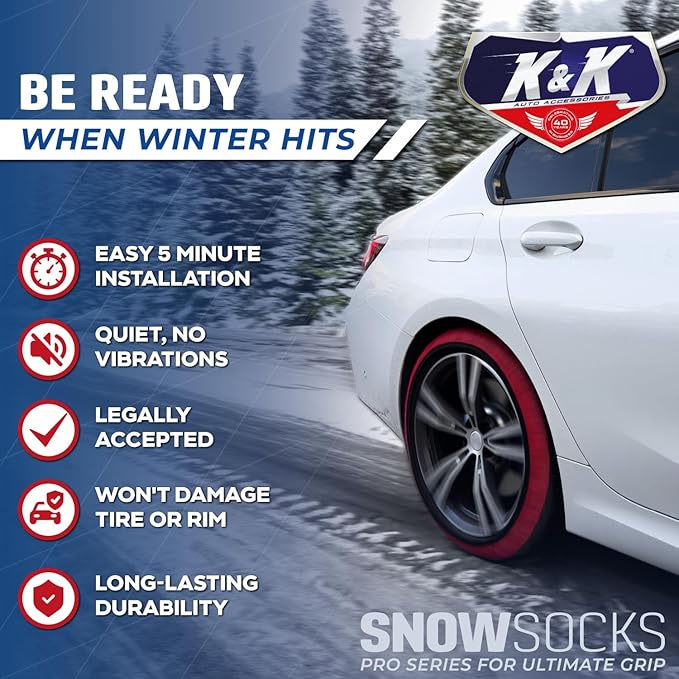 K&K Auto Snow Socks for Tires – Pro Series for Ultimate Grip Approved Snow Chain Alternative Traction Device – Tire Sock for Car SUV Sedan Coupe – Winter Travel Accessory Emergency Kit – Large (2pcs)