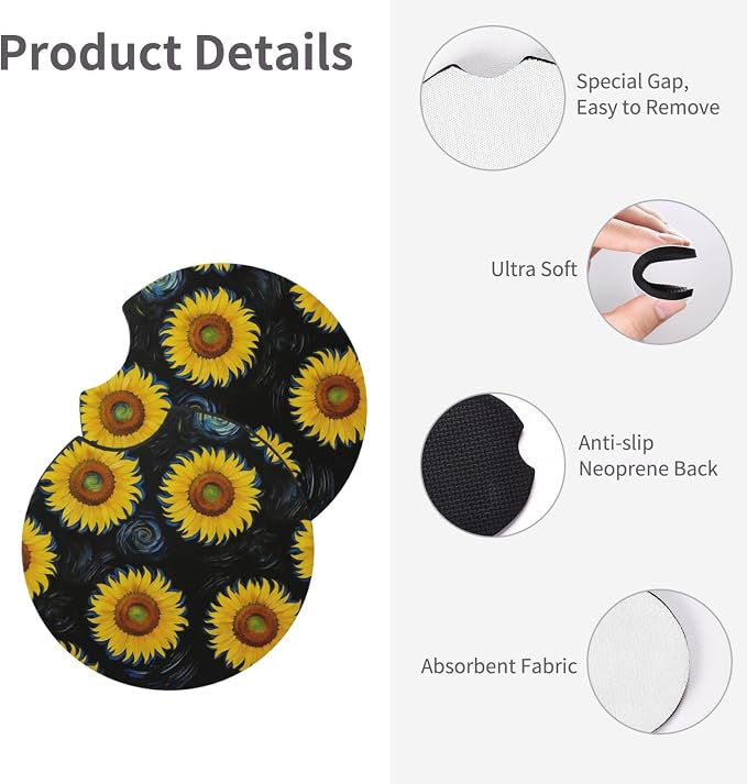 Sunflower Floral 3-Pc Car Set : Steering Wheel Cover + 2 Pc Car Coasters | Universal 14 - 15 Inch Breathable Anti Slip Sunflower Car Accessories Decor for Men Women