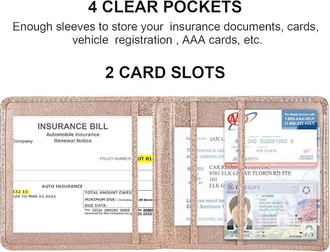 Car Registration and Insurance Holder, Vehicle Glove Box Car Organizer Men Women Wallet Accessories Case for Cards, Essential Document, Driver License, Bling Rose Gold