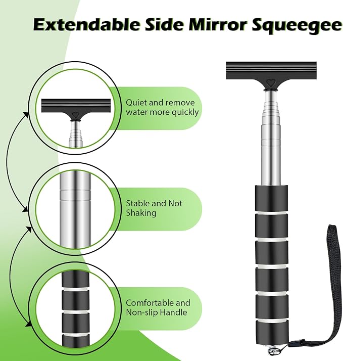 7PCS Windshield Cleaner Tool, Car Windshield Cleaner Tool+Side Mirror Squeegee +3 Microfiber Pads+100ml Spray Bottle+1 Detailing Brush,12-19inches Extendable Handle,180° Rotation