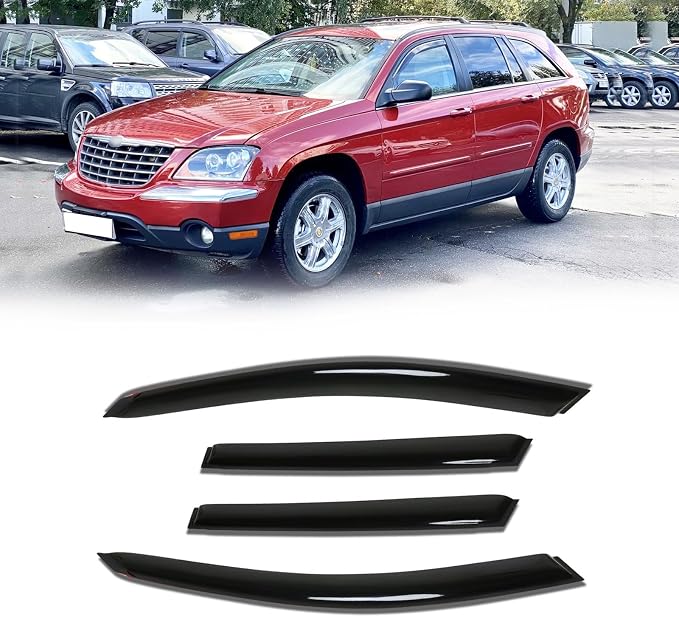 Rain Guards for 2004-2008 Chrysler Pacifica, Out-Channel Window Visor Shields Vent Deflector Shade Wind Dark Smoke 2005 2006 2007 04 05 06 07 08, Tape-On Outside-Mount, 4PCS
