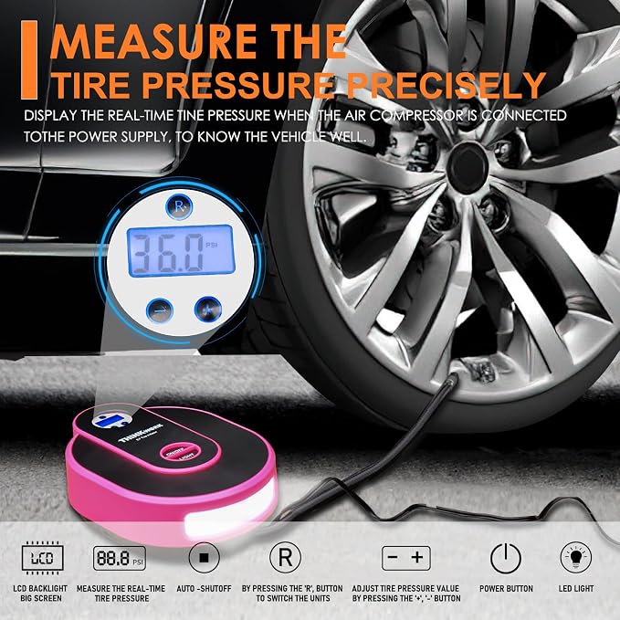 Car Emergency Kit for Teen Girl and Lady's Gifts, Pink Emergency Roadside Assistance kit with Digital Air Compressor, 10FT Jumper, First Aid Kit, and More Ideal Pink Car Accessories Tool -E7