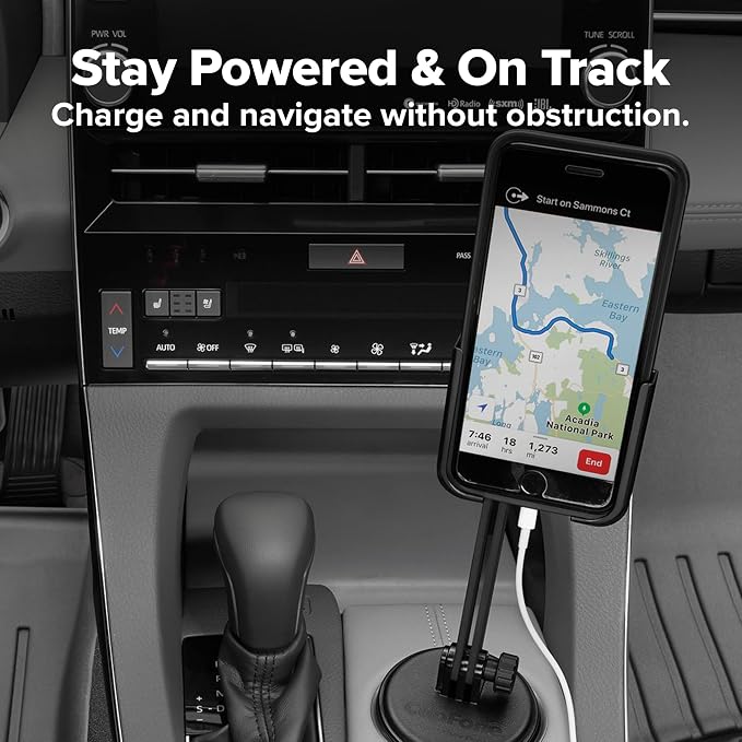 CupFone with Extension – Adjustable, Universal Cup Holder Cell Phone Mount Car & Truck Accessory – Best Design for iPhone & Smartphone Charging – Gold Metal Knobs