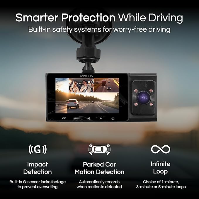 Dash Camera – 3-Channel 1080P Car DVR with Rear & Interior Cam, Night Vision, 3.0” LCD Screen, G-Sensor, Loop Recording, Parking Monitor, Motion Detection, 32GB Card (Blue)