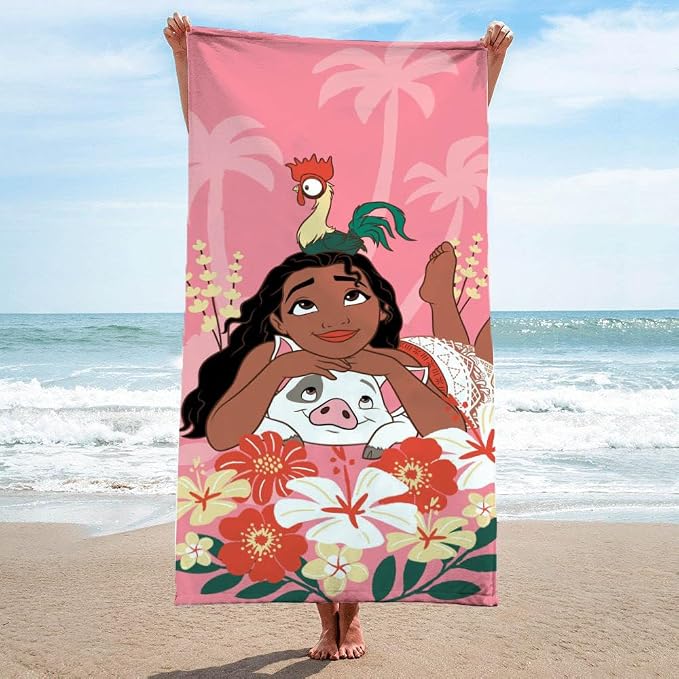 Kids Beach Towel - 100% Cotton Super Soft Absorbent Bath Towel, 28" x 58" Inch Lightweight for Travel, Official Licensed Product, Pink - Moana