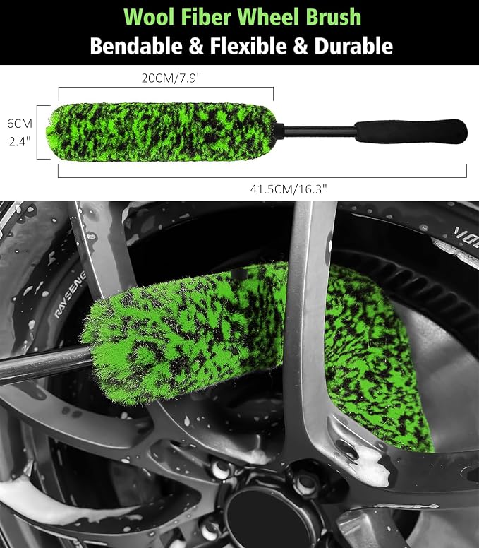 5PCS Pro Wheel Detailing Kit | 360° Bendable Rim Cleaner Brush, Premium Boar Hair Brush & Tire Shine Applicator | Microfiber Scratch-Free Wheel and Tire Brush Set for Cleaning Wheels,Tires
