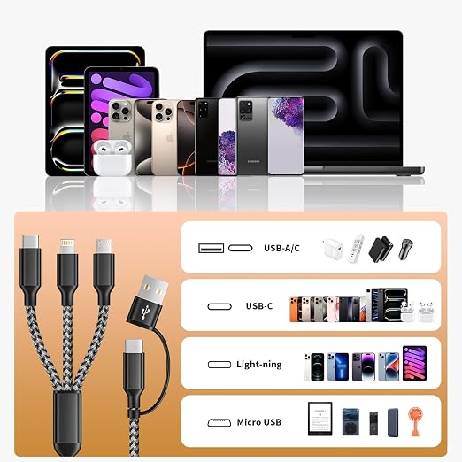 Multi Charging Cable 5 in 1, 2Pack 5FT USB C/A Multi Charger Cable to Type-C/Micro USB Port, Nylon Braided USB C Multiple Charger Cord for All Devices, Universal Phone Charger Cord for Cell Phones