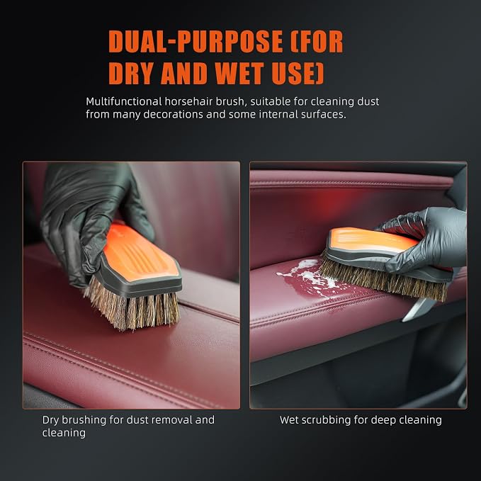 Leather Cleaner Brush, 2Pcs Fine Long Bristle Horse Hair Brush for Car Detailing,Ideal for Car Interiors,Furniture, Sneakers, Boots,and More -Safe for Natural, Synthetic, Faux, and Pleather
